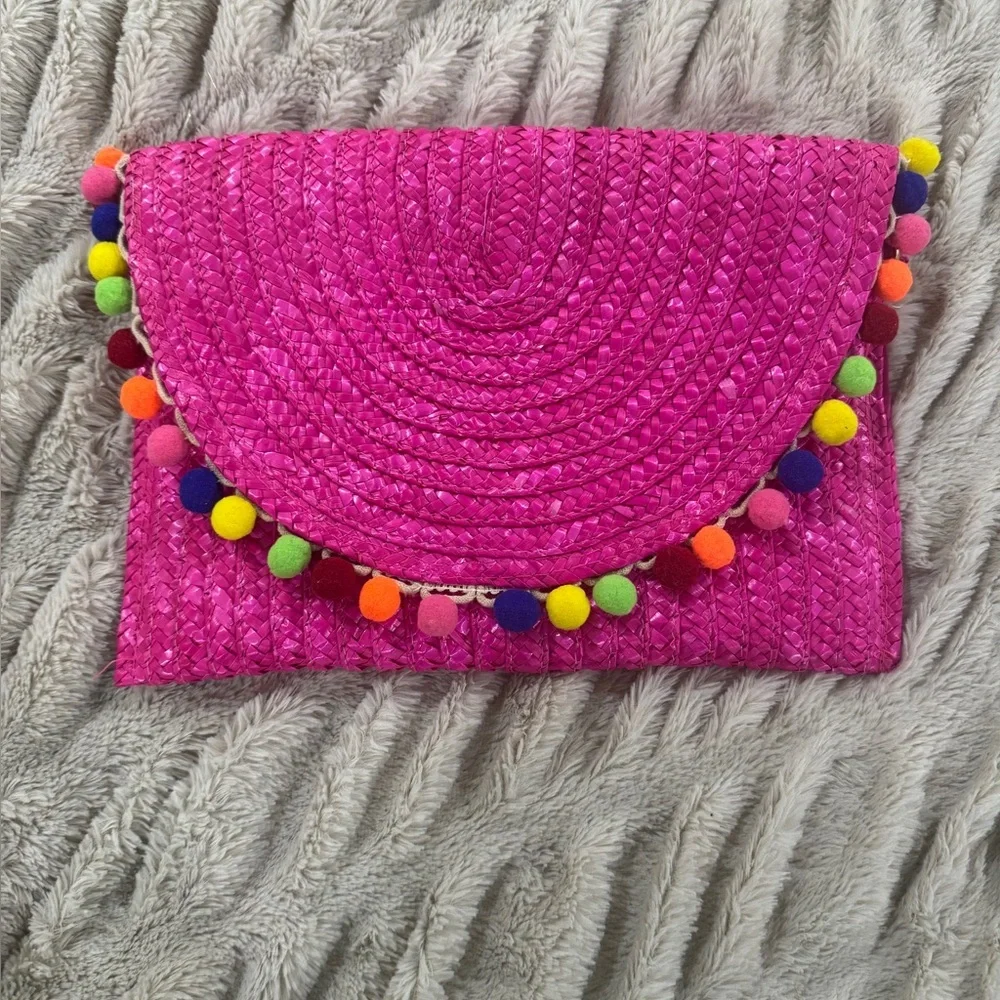 Colorful Pink Woven Pompom Crossbody Clutch Bag NWOT - Picture 2 of 5